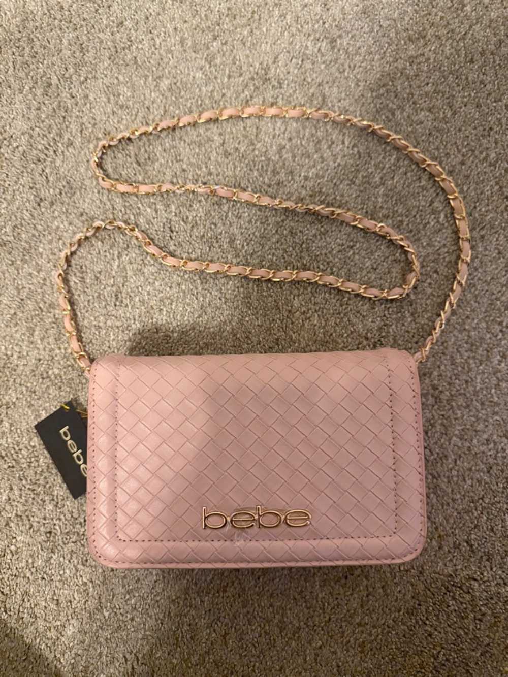 bebe Blush Pink Woven Crossbody with Gold Chain